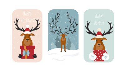 Cute reindeer sticker icon set. Elements for christmas holiday greeting card, poster design