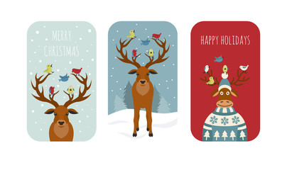Cute reindeer sticker icon set. Elements for christmas holiday greeting card, poster design