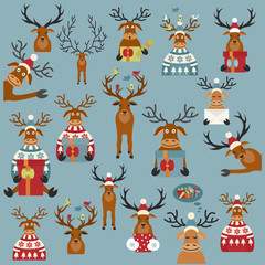 Cute reindeer sticker icon set. Elements for christmas holiday greeting card, poster design