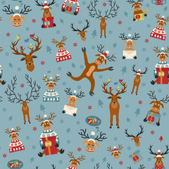 Cute reindeer flat seamless pattern. Elements for christmas holiday greeting card, poster design