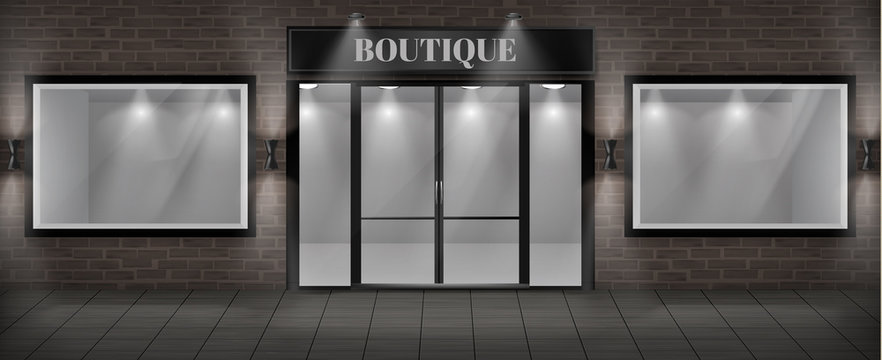 Vector concept background, boutique shop facade with signboard. Storefront with brick wall, entrance with large glass door and empty illuminated showcases. Template of building exterior