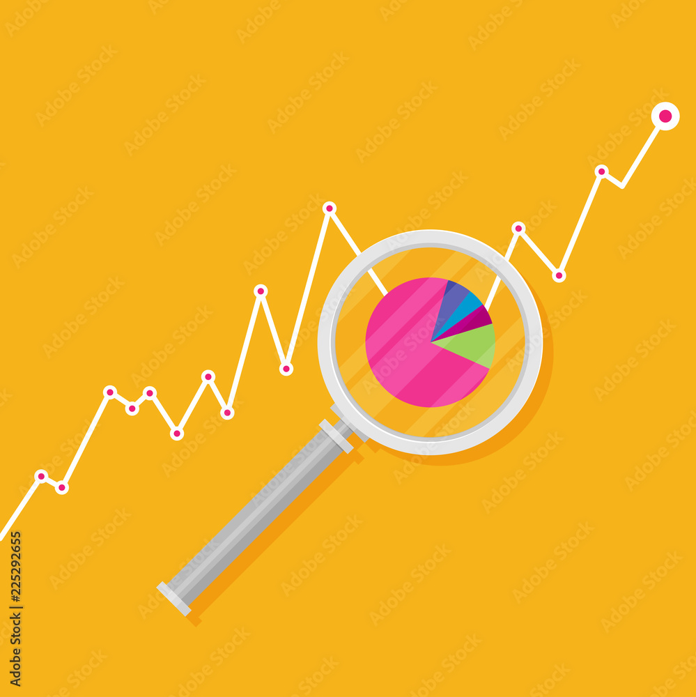 Poster marketing data analytics, analyzing statistics chart, magnifying glass with stock market graph figur