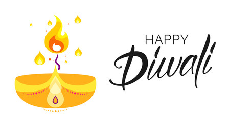 Fototapeta na wymiar White Happy Diwali Hindu poster with oil lamp and candle.