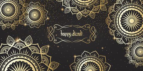 Happy Diwali Hindu poster with golden traditional ornament.
