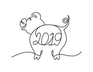 Funny pig continuous line character with 2019 lettering. Merry Christmas concept. One line drawing. Chinese symbol of the year.