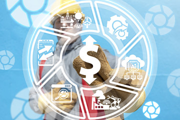 Production worker clicks a dollar with arrow up and down button on a virtual panel. Wealth Money Industry concept. Professional mechanism to produce money.