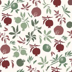 Vector illustration. Color vector seamless pattern. Pomegranates, branches and leaves.
