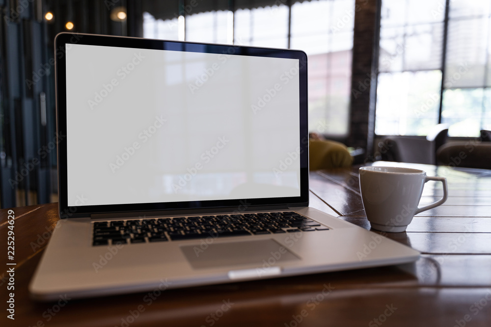 Poster mock up using laptop with blank screen computer modern
