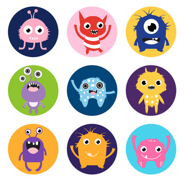 Cute vector monster stickers or labels, colorful circles with fun animal characters