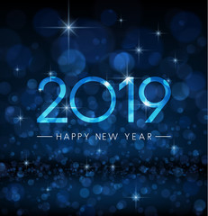 Blue shiny bokeh 2019 Happy New Year greeting card.