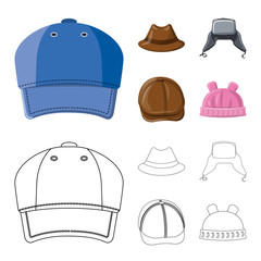 Isolated object of headgear and cap sign. Set of headgear and accessory stock symbol for web.
