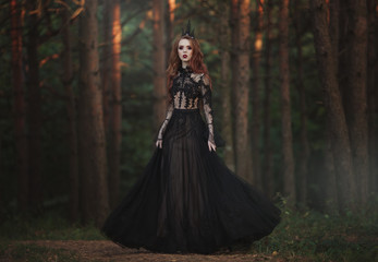 A beautiful gothic princess with pale skin and very long red hair in a black crown and a black long...