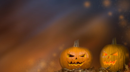 Halloween Pumpkins On Wood In A Spooky Forest At Night, with scary light background