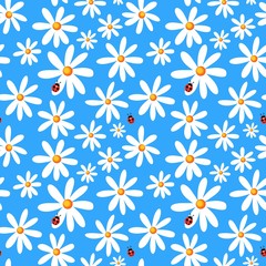 Seamless blue background with camomiles and ladybirds