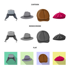 Vector design of headgear and cap logo. Collection of headgear and accessory stock vector illustration.