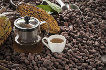 Cocoa Beans and Cocoa Fruits on wooden