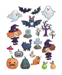 Halloween set. Vector illustrations in doodle style isolated on white background.