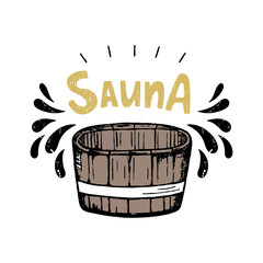 Vector illustration of Sauna. Wooden bucket and spray.