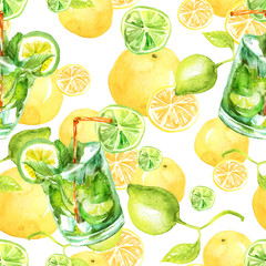 Seamless watercolor pattern with a drink, cocktail with lemon, ice, mojito, smoothies. 
Fruit lemon, lime, branch, mint leaf. Vintage drawing