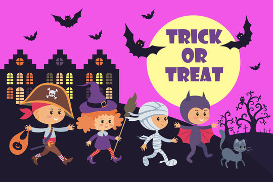 Little kids in a Halloween costumes. Vector illustration in cartoon style isolated on white background.