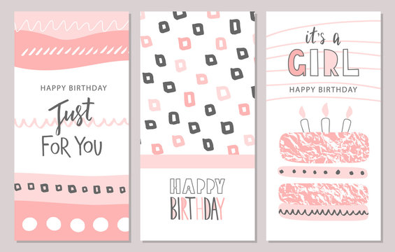 Set of Birthday greeting cards and party invitation templates with cute hand drawn elements. Vector illustration