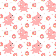Seamless vector pattern with cute little pig and sweet donuts, kids fashion print design