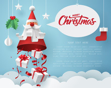 Paper art of Gift box dropping from Santa Claus, merry Christmas and happy new year celebration concept