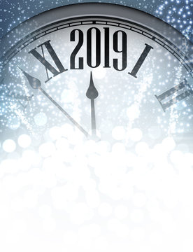 Blue shiny 2019 New Year background with clock.