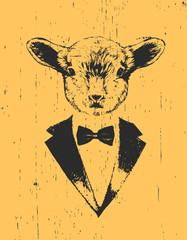Portrait of Lamb in suit. Hand drawn illustration.