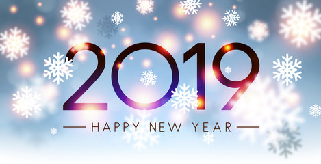 Shiny 2019 Happy New Year card with snowflakes.