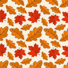 Seamless pattern with oak and maple autumn leaves. Vector illustration.