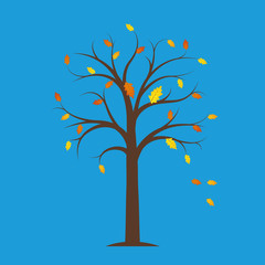 autumn tree with yellow and orange fallen leaves on a blue background