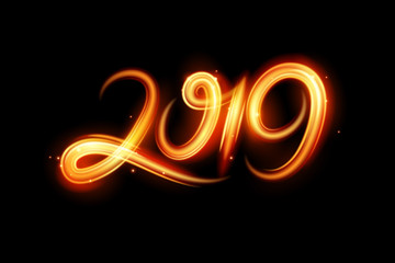 Fire motion effect to 2019 happy new year - obrazy, fototapety, plakaty