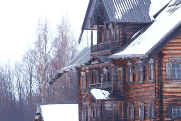 wooden houses in the Russian countryside / wooden architecture, Russian provincial landscape, winter view village in Russia