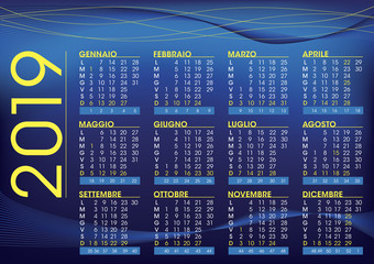 2019 calendar for italy, night mood colour and style