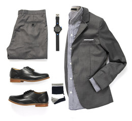 Men's casual outfits for man clothing with gray suit , watch, sock, trousers, shirt and black shoe...