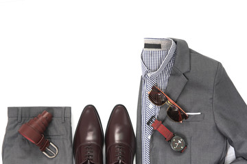 Men's casual outfits for man clothing with gray suit , watch, sunglasses, trousers, belt, shirt and...