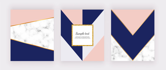 Geometric background with marble texture and pink, gray, blue triangles. Golden glitter frame. Modern design invitation, card, design, banner, wedding, baby shower, poster, cover.