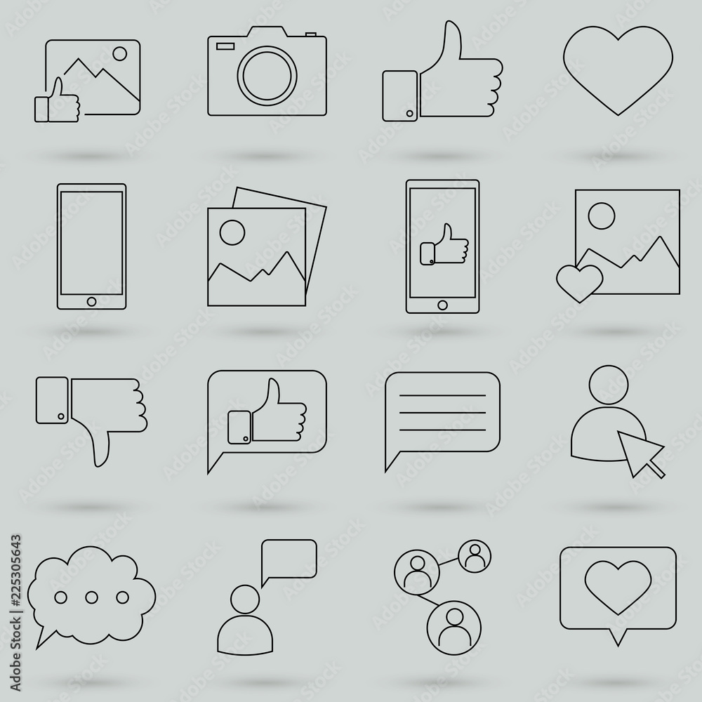 Poster simple set of social networks related vector line icons. contains such icons as profile page, rating