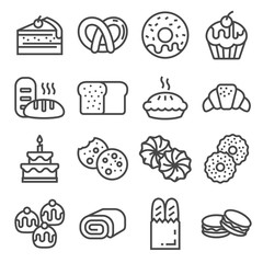 Bakery line icons - bread, pies, cookies, donuts and others