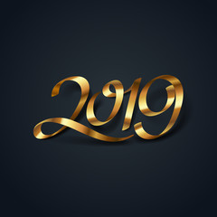 Gold ribbon of 2019 calligraphy hand lettering, happy new year celebration