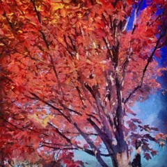 Oil painting. Art print for wall decor. Acrylic artwork. Big size poster. Watercolor drawing. Modern style fine art. Beautiful autumn landscape. Burn orange leaves on branch.