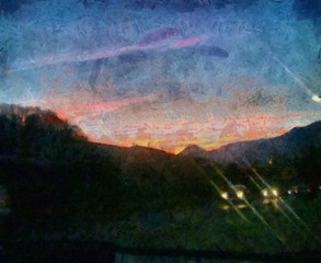 Oil painting. Art print for wall decor. Acrylic artwork. Big size poster. Watercolor drawing. Modern style fine art. Beautiful evening mountain landscape. Dark sunset. Cars go on road