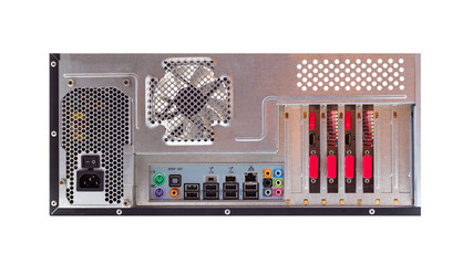 View from the back of a desktop computer with a visible connection panel, audio, LAN, mouse,...