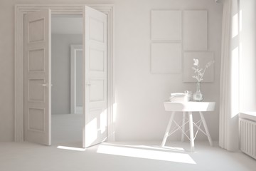 Mock up of white empty room with table. Scandinavian interior design. 3D illustration