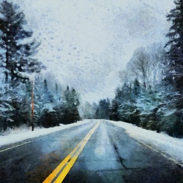 Oil painting. Art print for wall decor. Acrylic artwork. Big size poster. Watercolor drawing. Modern style fine art. Beautiful winter landscape. Asphalt road into the snow forest.