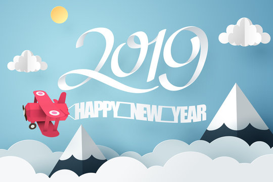 Paper art of 2019 happy new year with red plane flying in the sky