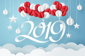 Paper art of 2019 hang with balloon in the sky, happy new year celebration concept