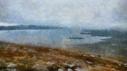 Oil painting. Art print for wall decor. Acrylic artwork. Big size poster. Watercolor drawing. Modern style fine art. Beautiful autumn landscape. Grey rain clouds. Cold lake.