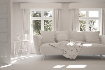 Mock up of white room with sofa. Scandinavian interior design. 3D illustration